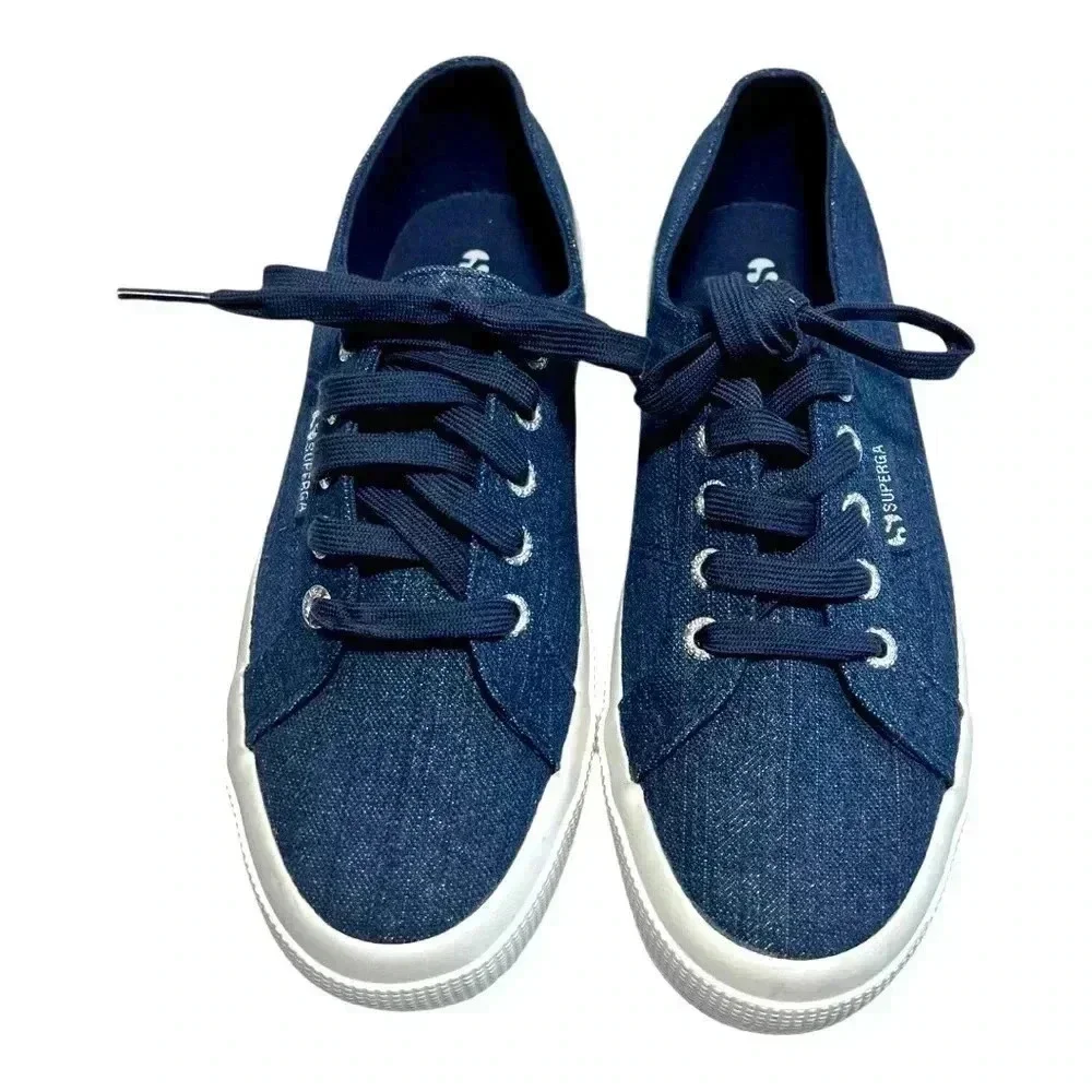Superga 2750 Cotu Classic Blue Denim And Gold Shimmer Sneaker Women’s 7.5